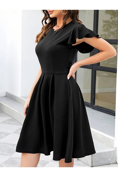 Viyamo New Season Women's Butterfly Sleeve Crew Neck Pleated Imported Crepe Dress