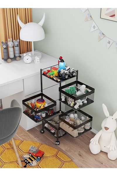 Primo Plus 4Tier Square Movable Iron Vegetable Basket with Wheels - Black
