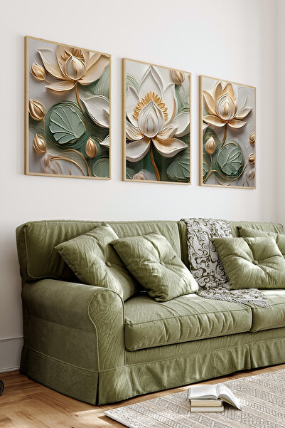 kutuTR 🌿 3'lü Çerçeveli Lotus Çiçek Temalı MDF Tablo Seti – Ahşap Çerçeve, U...
