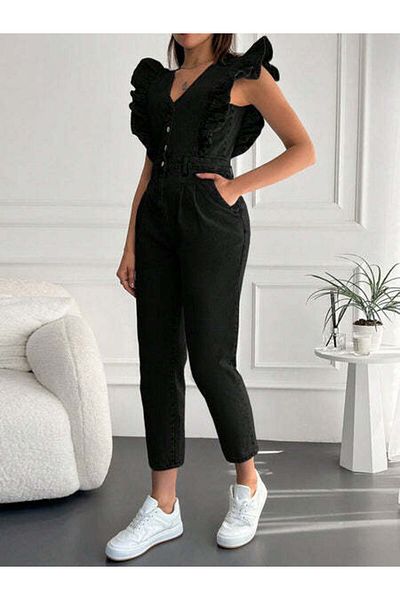 StreetWear Outlet Women's Denim Jumpsuit with Ruffled Shoulders