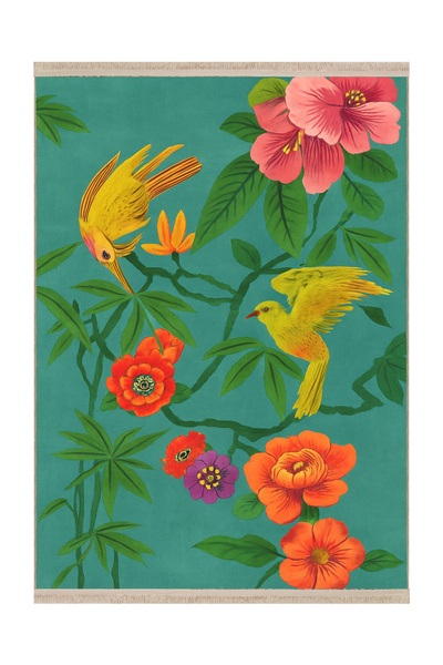Rugs Modern Halı MOSSO Πράσινο Θεματικό Χαλί με Σχέδια Λουλουδιών και Πουλιών...