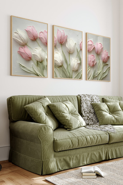 kutuTR 🌷 3'lü Çerçeveli Lale Desenli MDF Tablo Seti – Ahşap Çerçeveli, UV Ba...
