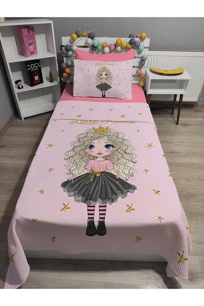 yok yok evim eve dair her şey 4 Piece Little Pirencess Patterned Pink 120X200 Single Pique Bedspread Set with Sheets