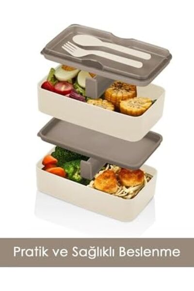 AC BOX 2-Layer Adjustable Rectangular Lunch Box - Food Storage Box with Fork and Spoon Serving Beige