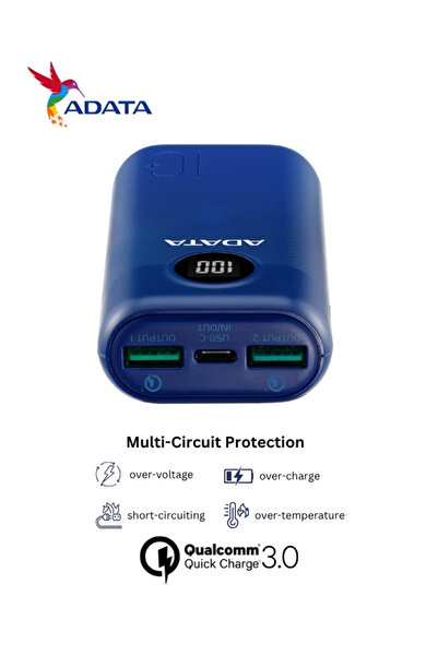 Adata Power Bank P10000QCD | 10,000 mAh | Fast Charging Qualcomm QC 3.0 USB Type-C and Type-A