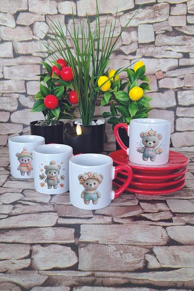 giftkonsept Four Seasons Cute Teddy Bears Printed Red 4-Piece Porcelain Turkish Coffee Cup Set