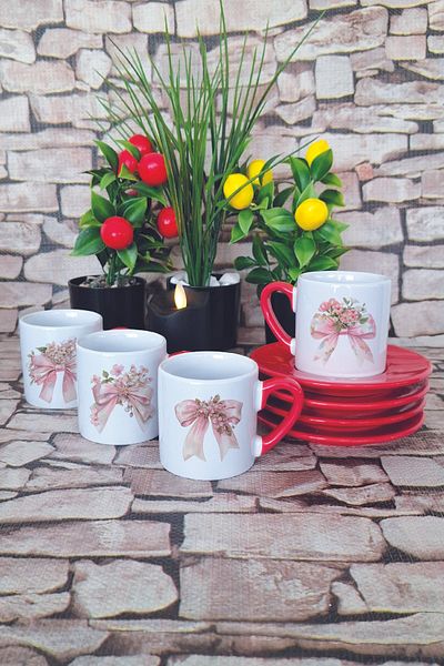 giftkonsept Pink Floral Bow Printed Red Set of 4 Porcelain Turkish Coffee Cups