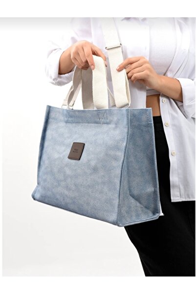 MODA Μπλε καμβάς, μεγάλη, κομψή τσάντα με λεπτομέρεια από ανταλλακτικό λινό λ...