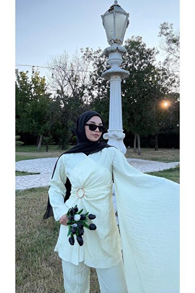 lamina Kras Kumaş Şal Kol Pantolonlu Takım