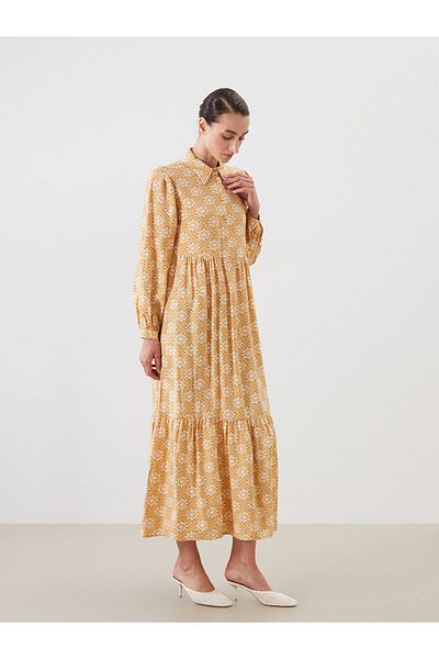 LC Waikiki Orange Shirt Collar Patterned Balloon Sleeve Fold Dress
