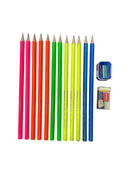 Nataraj Neon Triangle Body Pencil 12 Pack with Eraser & Sharpener Gift (Hb)