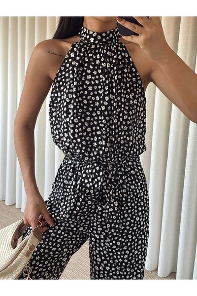 jöns since 1997 Women's Zero Sleeve Waist Elastic Patterned Belted Jumpsuit