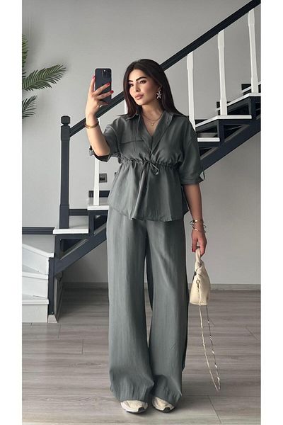 Oslove Gray Washed Tnsel Fabric Shirt-Pants Set