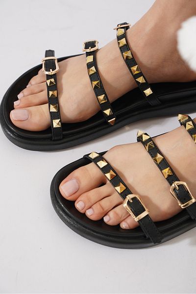 Himushe Handy Gold Staple Detailed Three Band Women's Slippers Black Skin