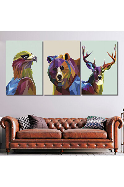 SND ثلاث لوحات قماشية مودرن بتصميم حيوانات مع برواز بني مجوف