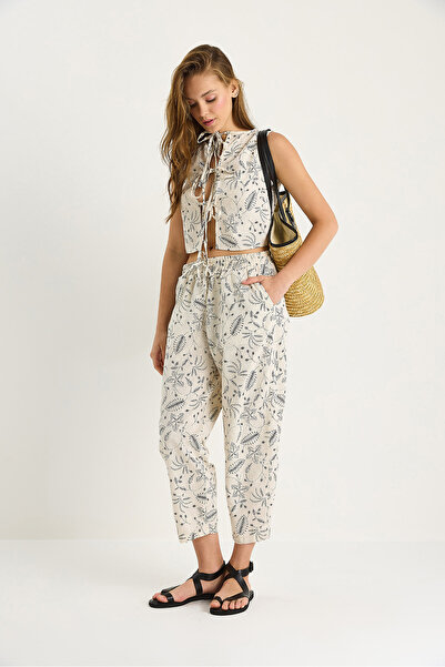 Bianco Lucci Women's Patterned Tie Detailed Blouse Carrot Cut Pants Bottom-Top Linen Suit 9390 60281105