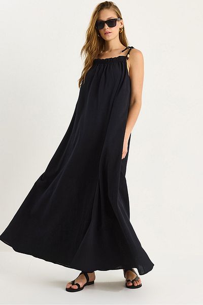 Bianco Lucci Women's Lacing Strap Pocket Detailed Lined Long Crinkle Oversize Dress 5249 60281095