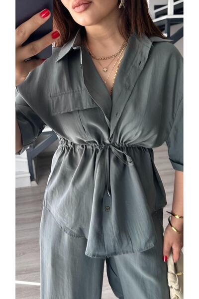 Oslove Gray Washed Tnsel Fabric Shirt-Pants Set