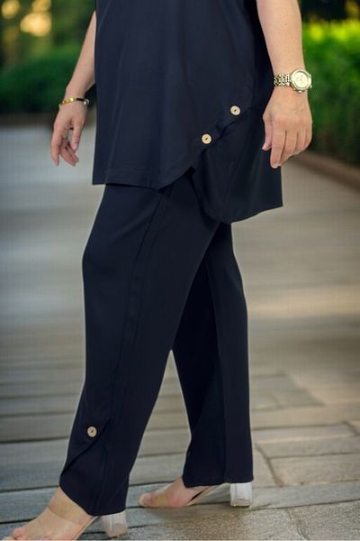 yagmurberen Cotton Viscose Button Detail Short Sleeve Tunic Waist Elastic Pocketed Pants Large Size Double Set