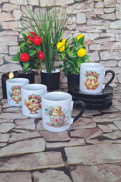 giftkonsept Cute Chicks Printed Black Set of 4 Porcelain Turkish Coffee Cups