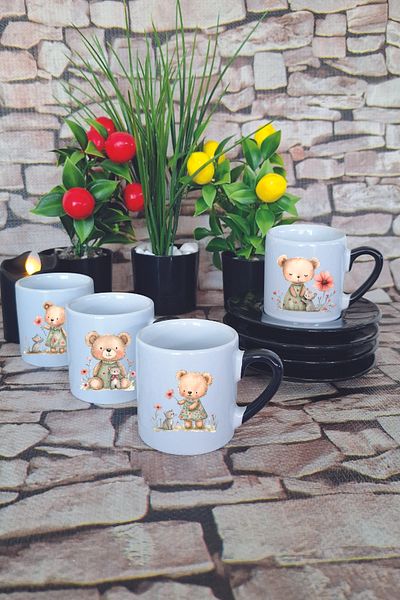 giftkonsept Cute Teddy Bear and Cat Printed Black 4-Piece Porcelain Turkish Coffee Cup Set
