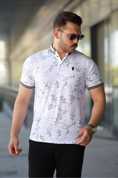 Miron Men's White Khaki Leaf Pattern Slim Fit Polo Neck T-Shirt - 2529
