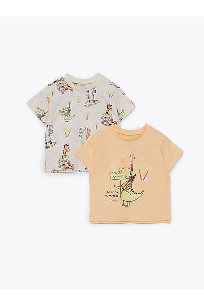 LC Waikiki Crew Neck Short Sleeve Printed Cotton Baby Boy T-Shirt, Pack of 2