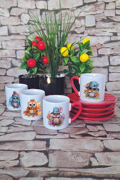 giftkonsept Cute Owls Printed Red 4-Piece Porcelain Turkish Coffee Cup Set