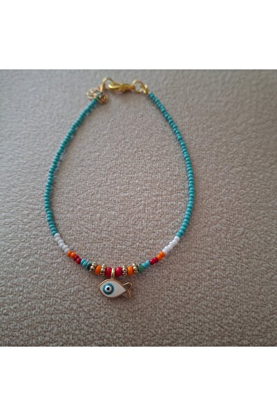 azra takı tasarım Blue Turquoise Women's Anklet with Handmade Fish Figure