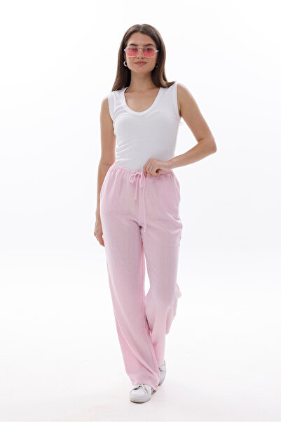 LA PANTE Elastic Waist Lace-Up Woven Pink Trousers