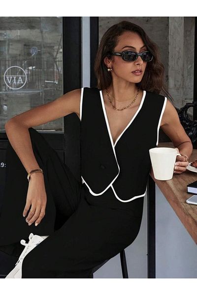 Viyamo New Season Women's Sleeveless V-Neck Buttoned Imported Crepe Vest and Trousers Two-Piece Suit