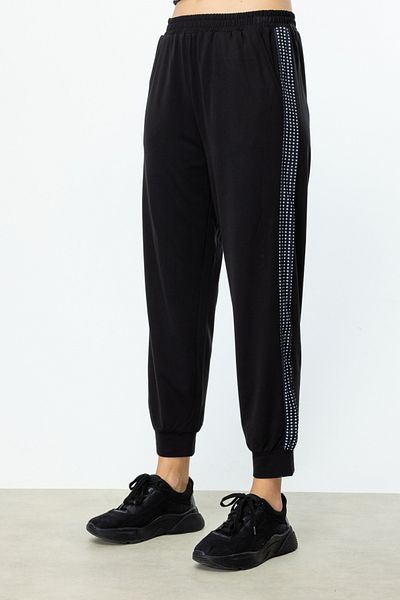 On Fashion Elastic Trousers with Pattern on the Sides Black-56521