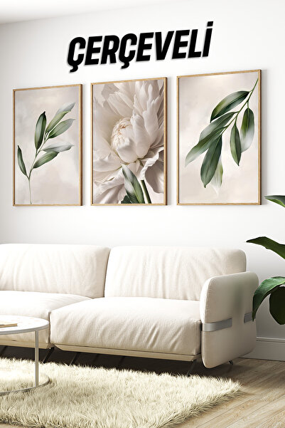 kutuTR 🌸3’lü Çerçeveli Beyaz Çiçek ve Yaprak Temalı Modern Tablo Seti – UV B...