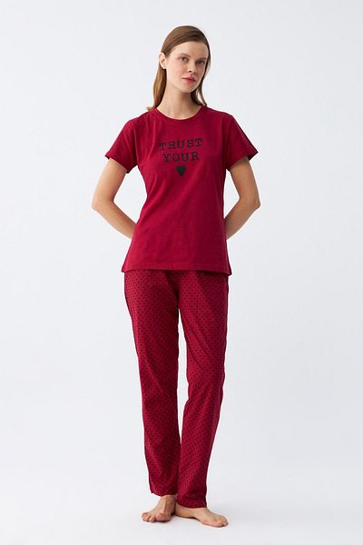 Akbeniz Women's Burgundy Heart Patterned Short Sleeve Combed Cotton Pajama Set