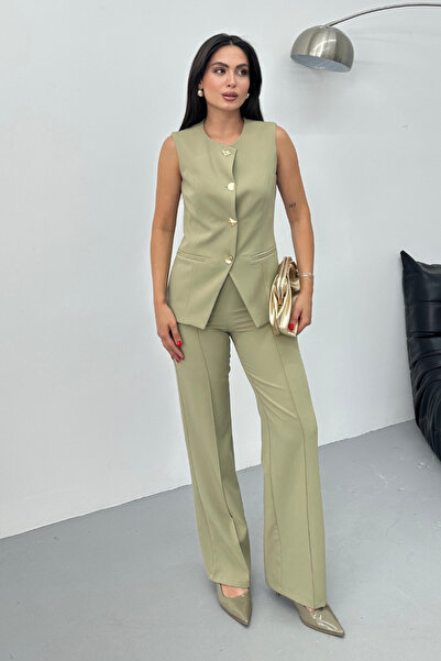 spirituel Жіночий подвійний під верхній костюм стильний ґудзик детальний екіпаж шия регулярний жилет жилет штани комплект