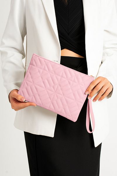 Bagfoni Women's Candy Pink Geometric Patterned Portfolio Clutch Handbag 25X19 cm