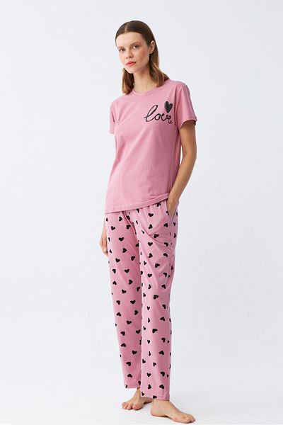 Akbeniz Women's Salmon Heart Pattern Short Sleeve Combed Cotton Pajamas Set