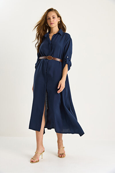 Bianco Lucci Kadın Asimetrik Etekli Düğme Kapamalı Kemerli Modal Gömlek Elbise 7012 60283477
