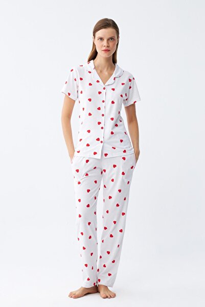 Akbeniz Women's White Red Heart Front Button Pajama Set