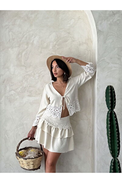 HİLALAKSESUAR10 Krem Taş Renk Önden Bağlamalı Güpürlü Ceket Bluz