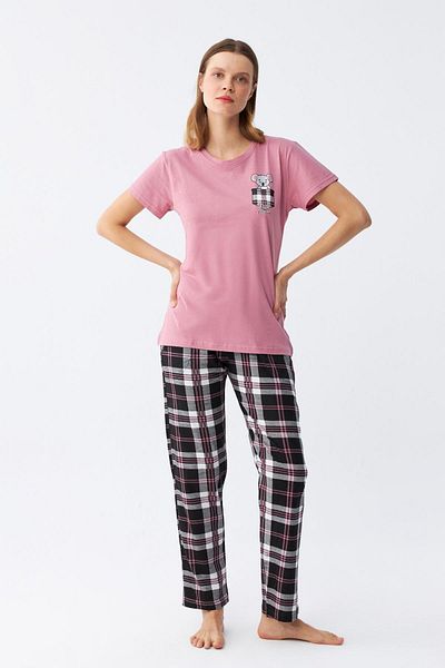 Akbeniz Women's Salmon Teddy Bear Printed Plaid Combed Cotton Pajama Set
