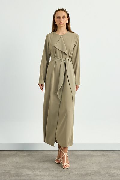 Birgül Bektaş Khaki Collar Detailed Belted Dress
