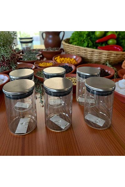 Noah Exclusive 300 ml (70 mm X 100 mm) Set of 6 Borosilicate Glass Spice Jars with Non-Leaking Silicone Metal Lid