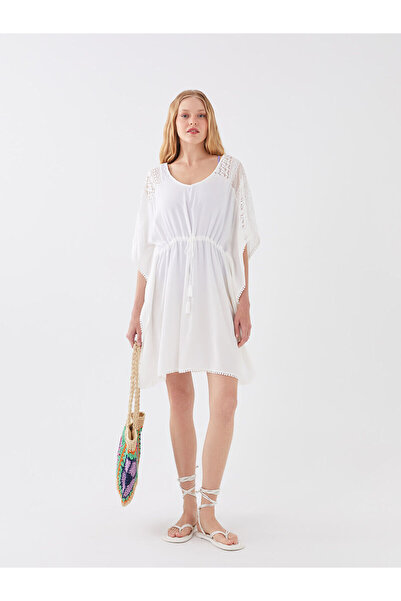 LC Waikiki Peak New Season V-Neck Embroidered Short Sleeve Women's Beach Dress