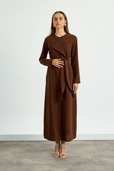 Birgül Bektaş Brown Collar Detailed Belted Dress