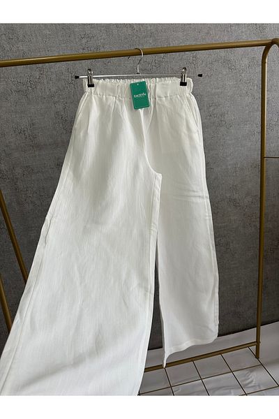 EMZEYN Women's White Wide Leg Linen Summer Trousers