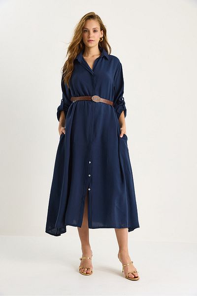 Bianco Lucci Women's Asymmetrical Hem Button Closure Belted Modal Shirt Dress 7012 60283477