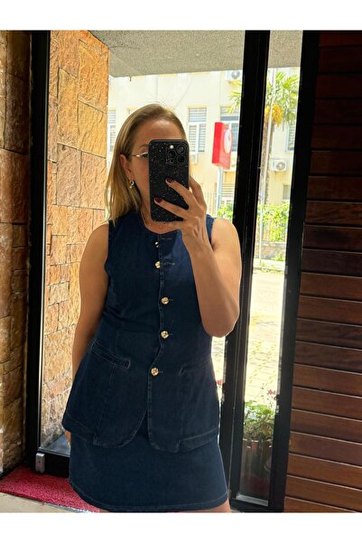 Gold Düğme Yelek Mini Etek Jean Takım