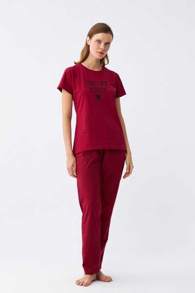 Akbeniz Women's Burgundy Heart Patterned Short Sleeve Combed Cotton Pajama Set