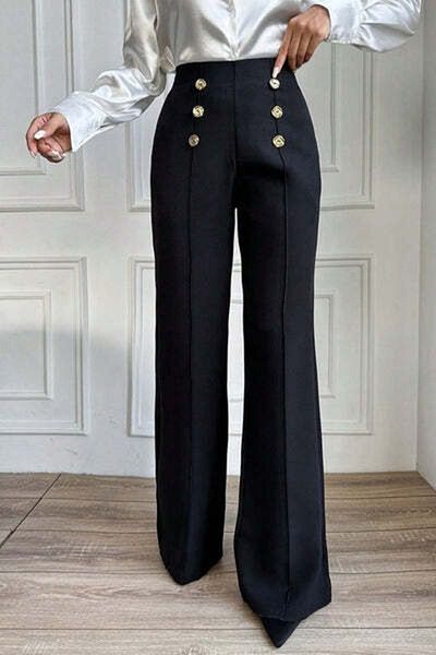 StreetWear Outlet Women's Flared Pants, High Waist, Decorated with Double Buttons